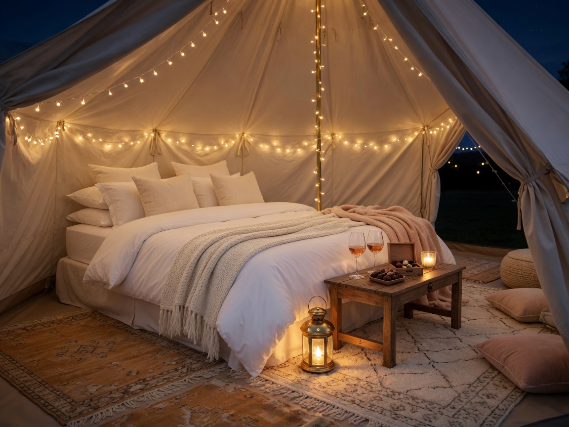Cozy date night glamping tent interior with soft lighting