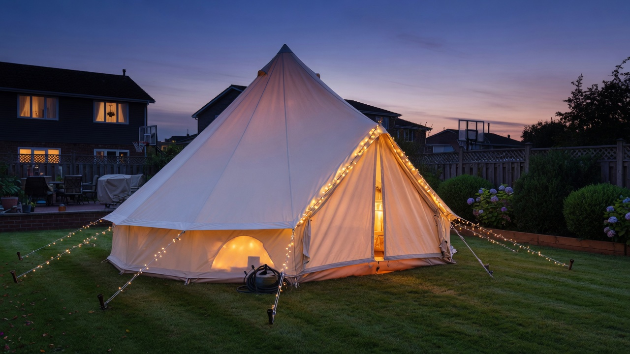 Backyard glamping tent at dusk in cooler New Jersey weather