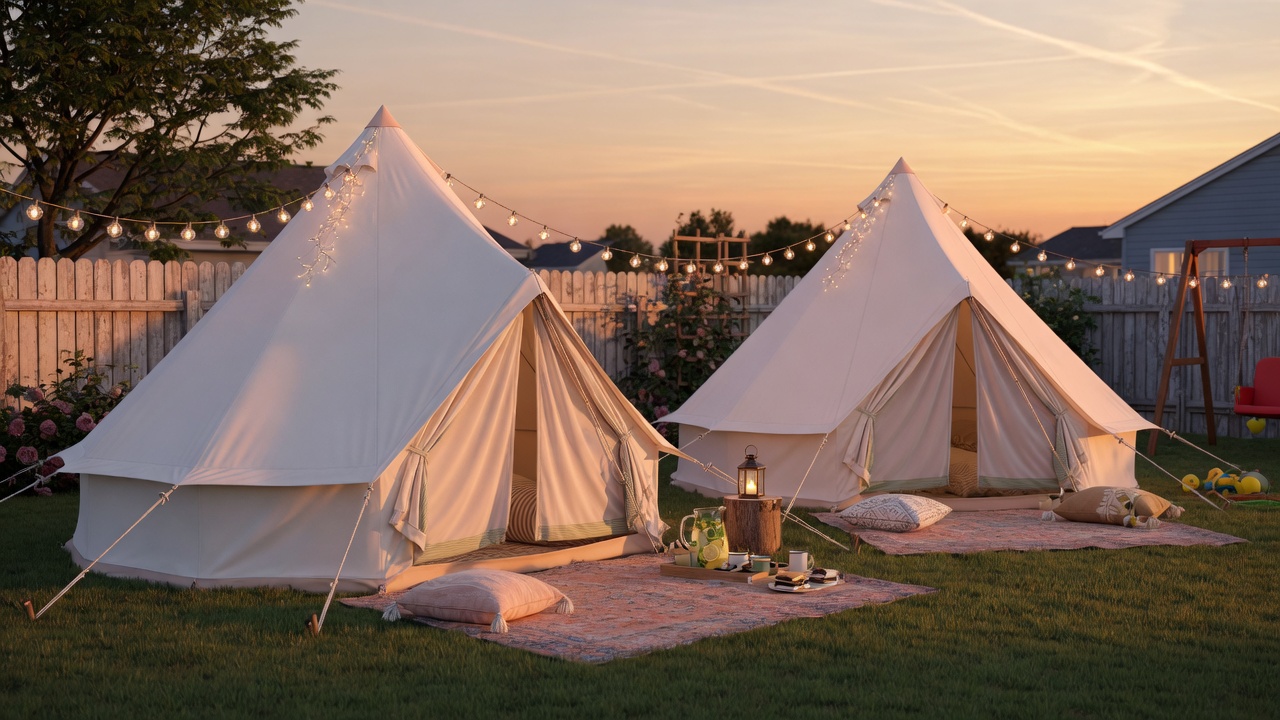 Two backyard glamping bell tents side by side for a larger sleepover