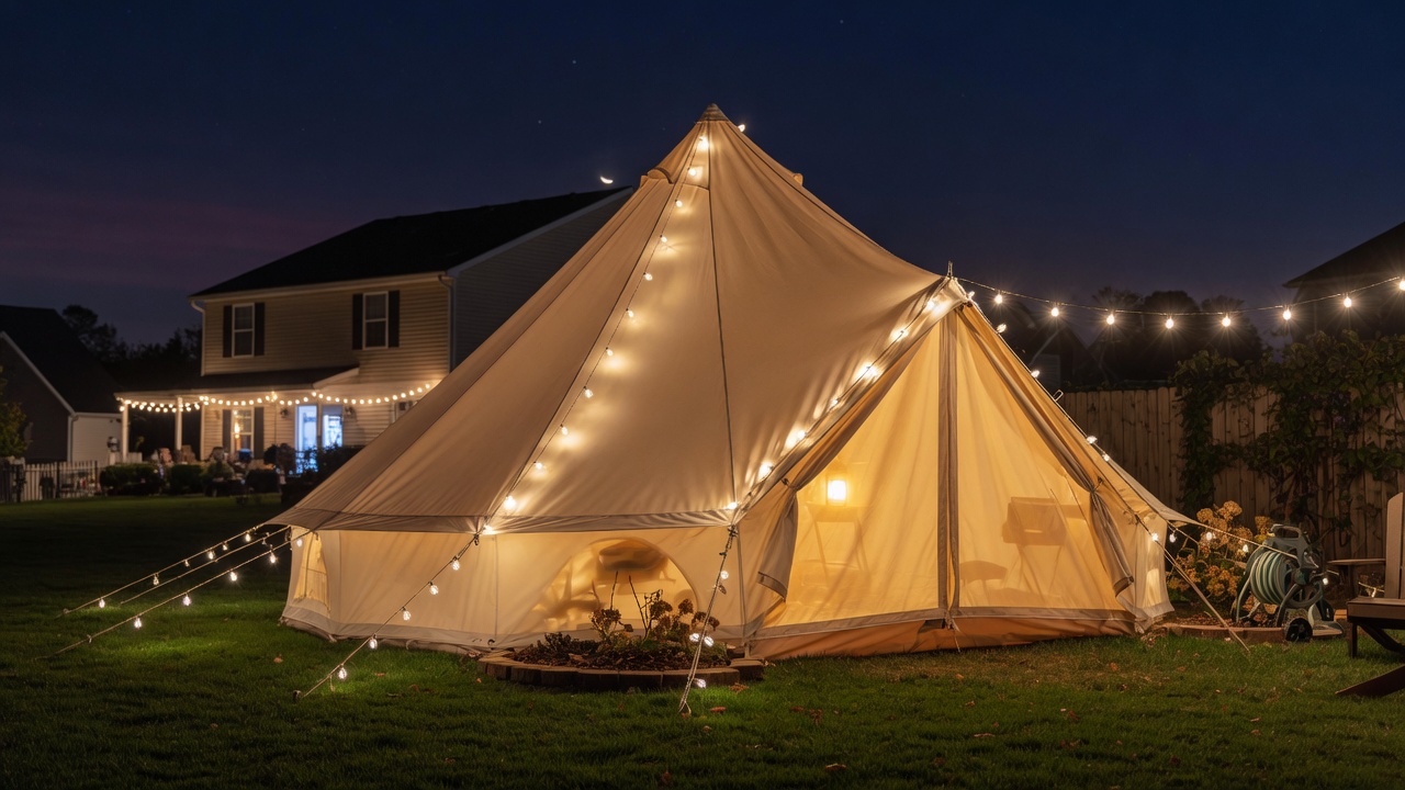 Backyard glamping tent at night as an alternative to a hotel staycation