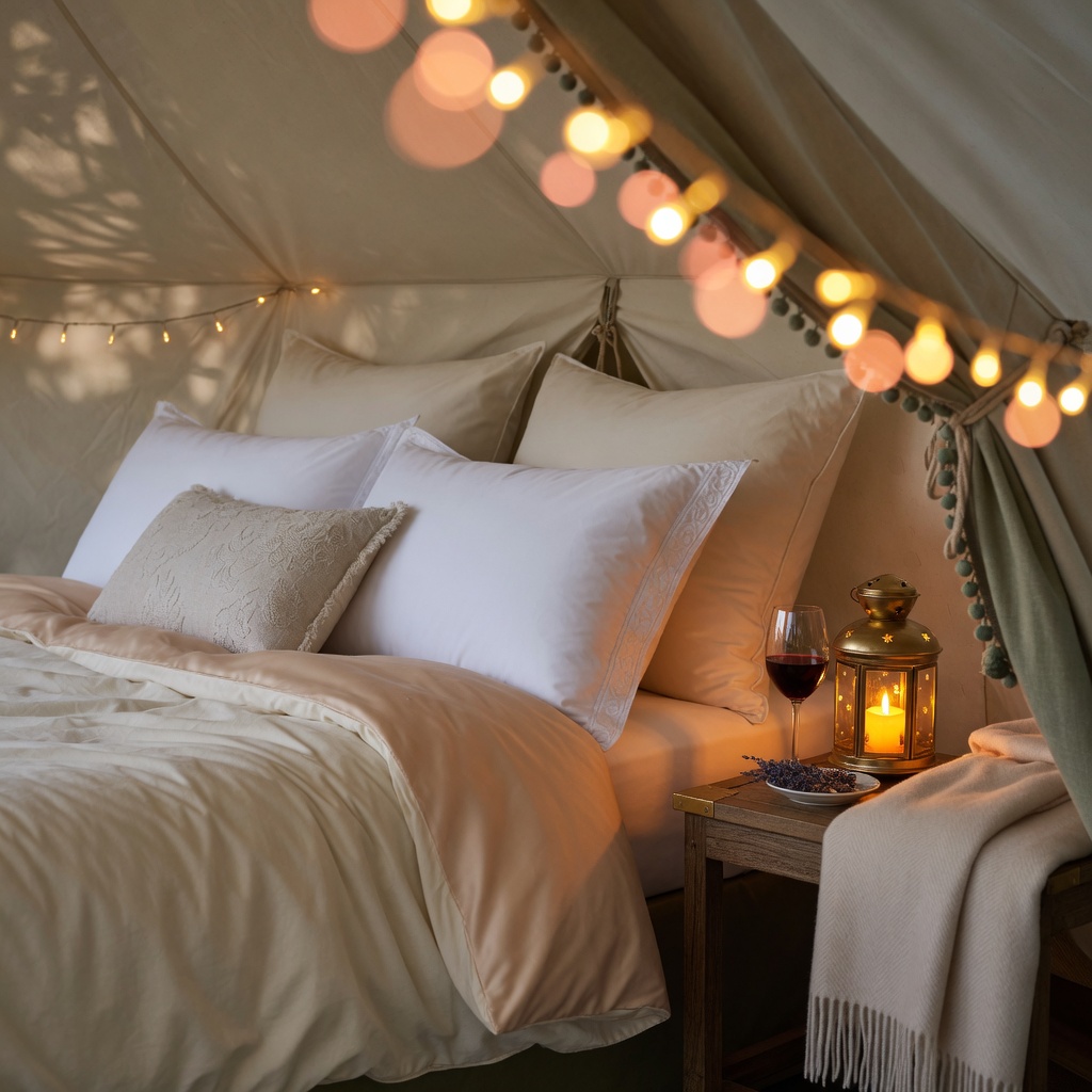 Hotel-style pillows and soft comforter with string lights inside a glamping tent