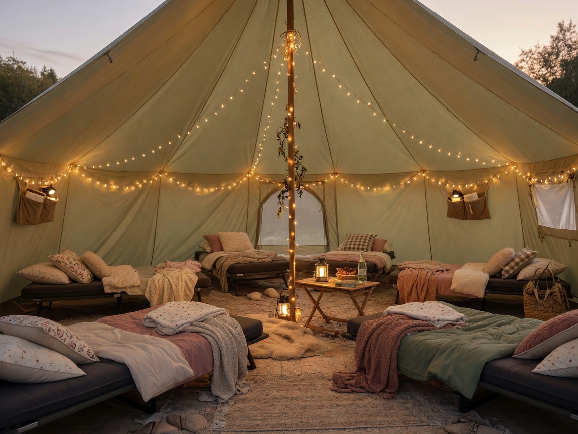 Family cots layout arranged around a backyard glamping tent