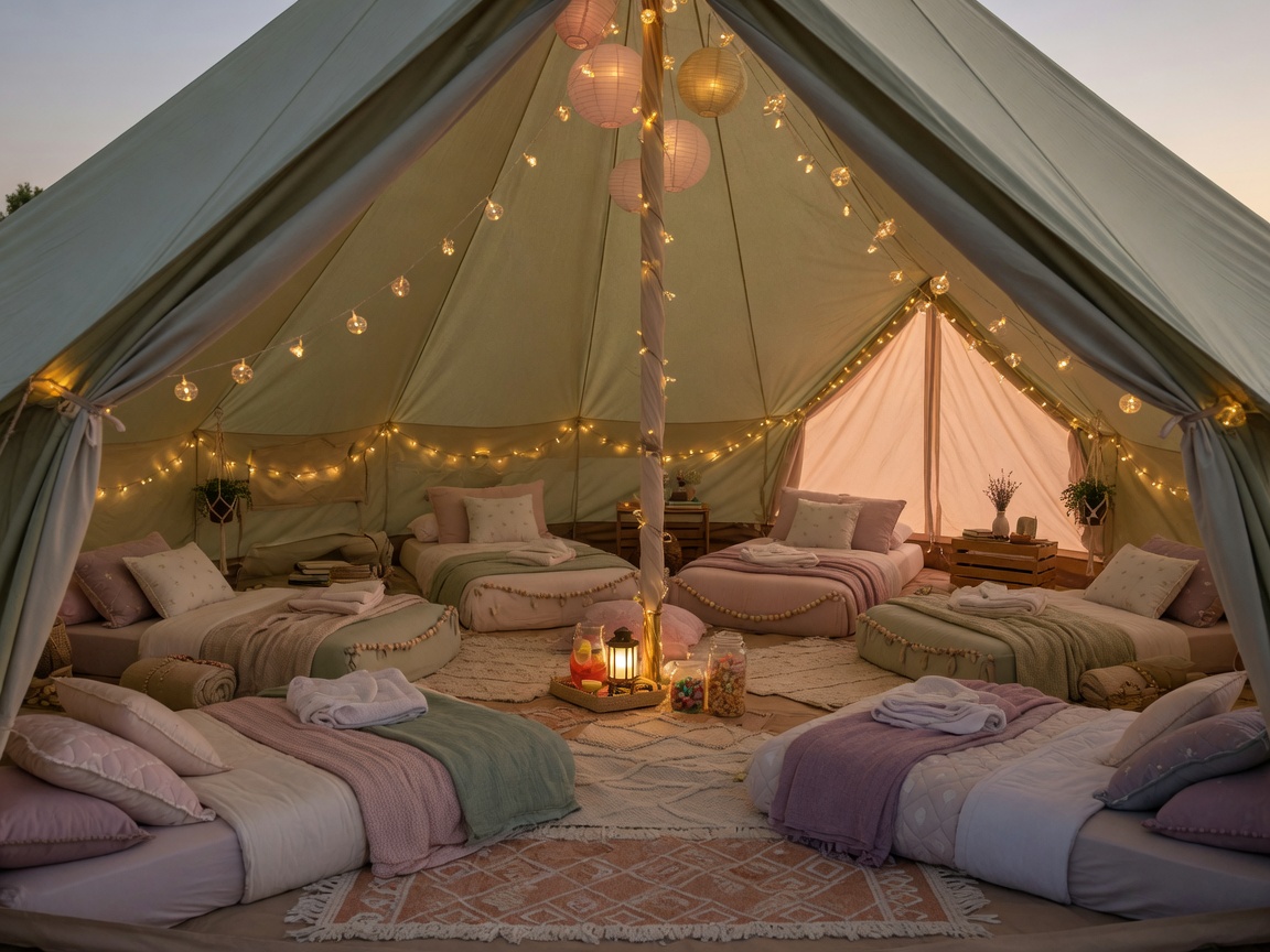 Kids sleepover mattress ring layout for backyard birthday glamping