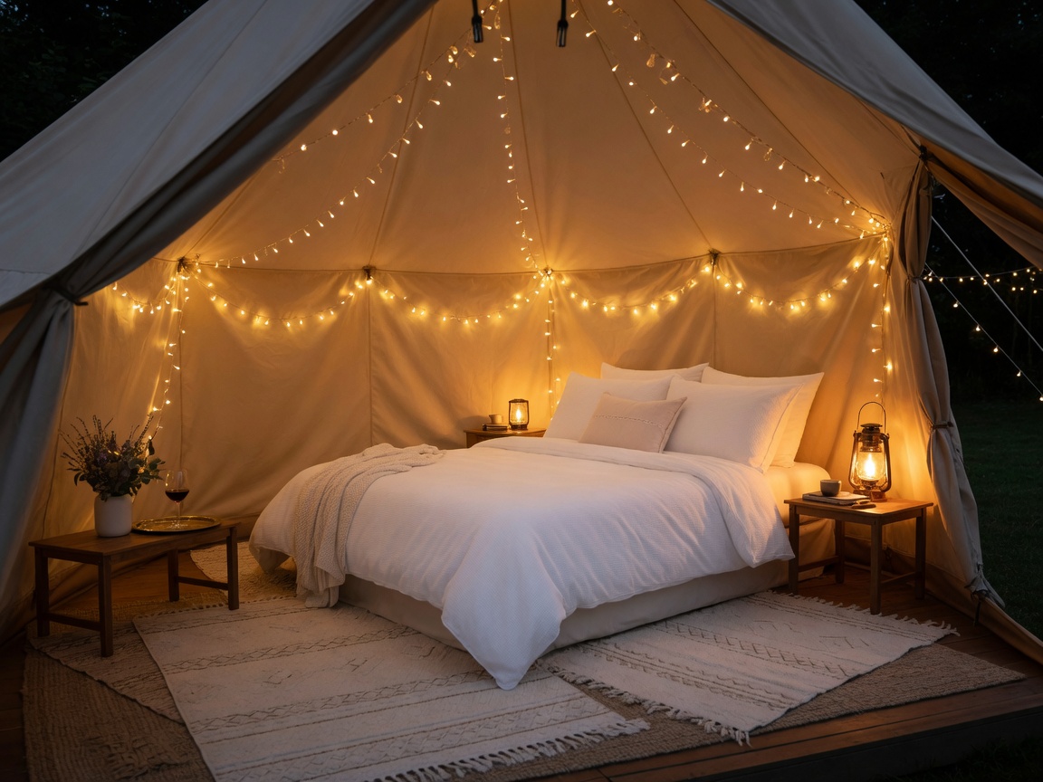Queen bed backyard glamping layout with soft lighting and plush bedding