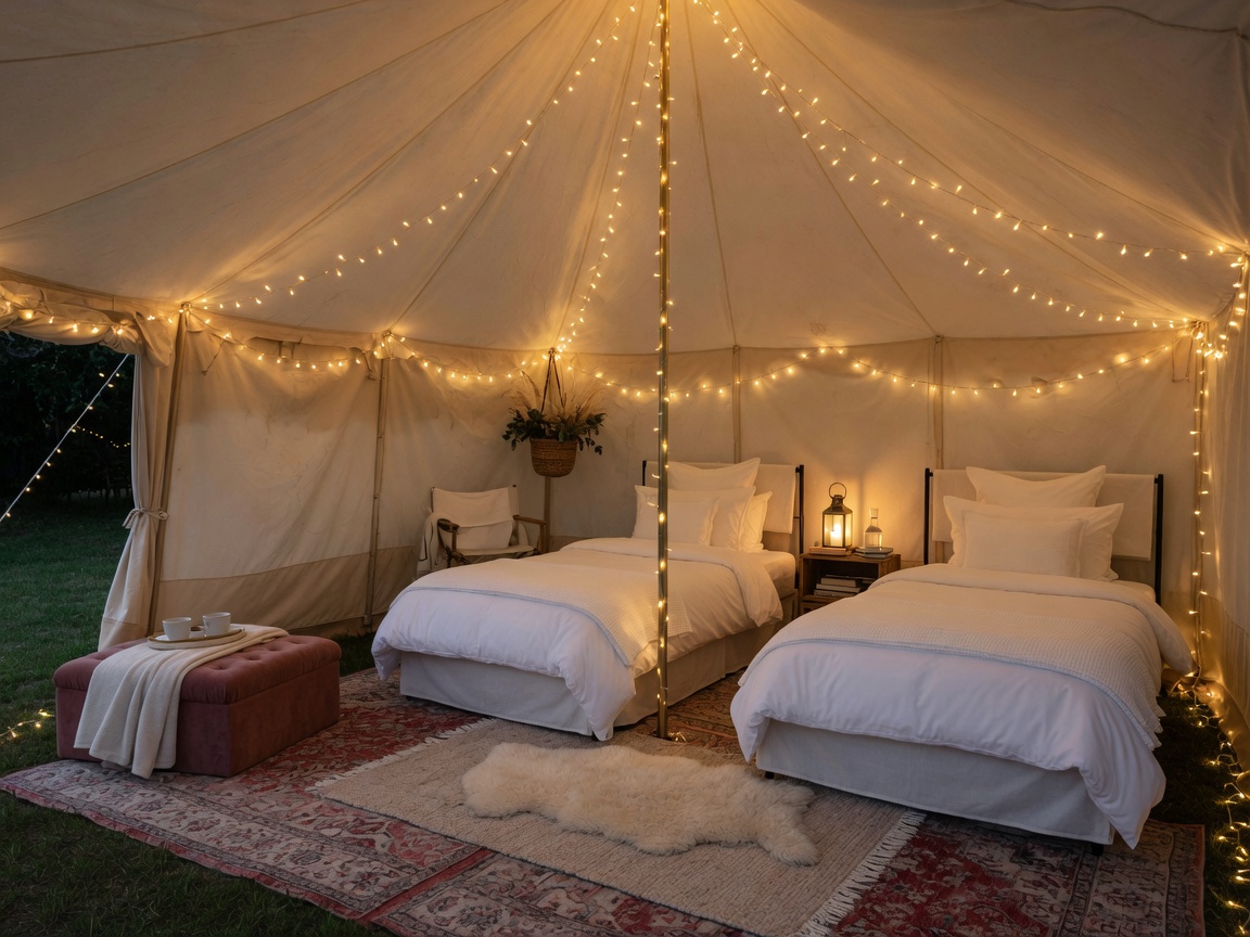 Twin beds layout inside a 16-ft backyard glamping bell tent